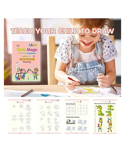 Sank Magic Practice Reusable Tracing Book Set – English Letters, Numbers & Drawing (Pack of 4 + 1 Pen Set + 10 Refills)