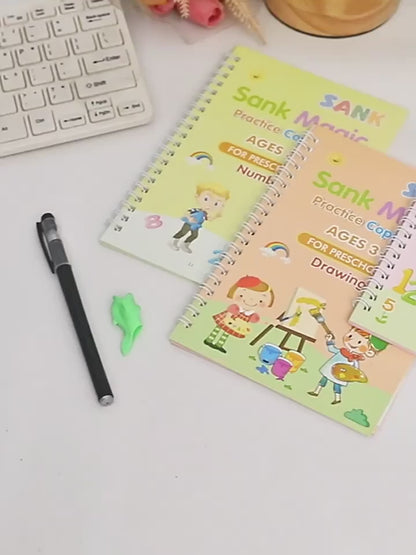 Sank Magic Practice Reusable Tracing Book Set – English Letters, Numbers & Drawing (Pack of 4 + 1 Pen Set + 10 Refills)